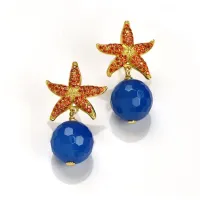 Picture 18K gold plated silver earrings Orange zircons and blue agate