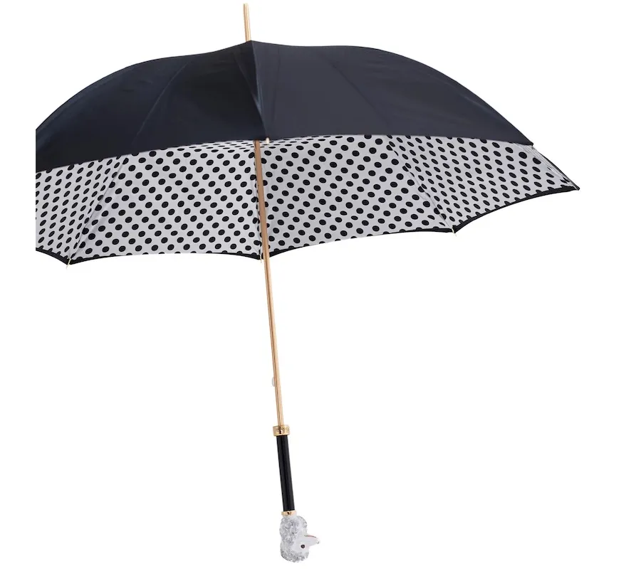 obrazek 8 Stylowy czarno biały parasol damski w czarne kropki z rączką zdobioną głową pudla - Pasotti