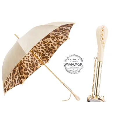 Zdjęcie Stylowy kremowy parasol damski zdobiony wzorem skóry leoparda - Pasotti