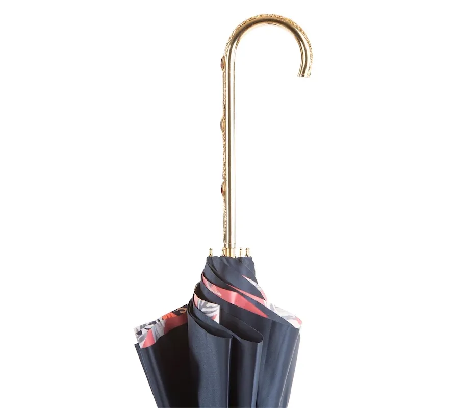 obrazek 6 Stylowy czarny parasol damski zdobiony motywem piór na czerwonym tle – Pasotti