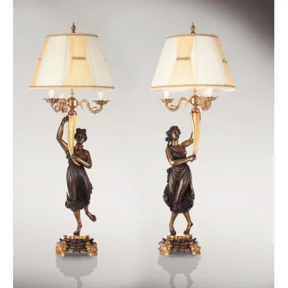 Zdjęcie Stylowa rzeźba tańczących dziewczyn Canovy z abażurem 2 sztuki - Fonderia Artistica Ruocco
