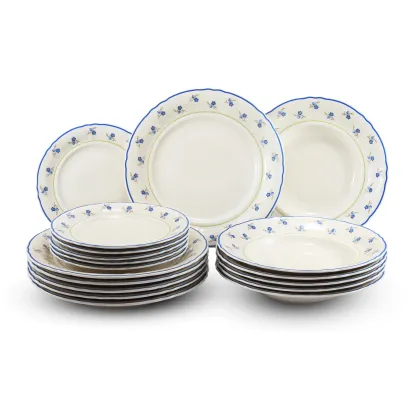 Zdjęcie Ekskluzywny 18-elementowy komplet talerzy z porcelany w kolorze kości słoniowej zdobiony motywem niezapominajek – Leander