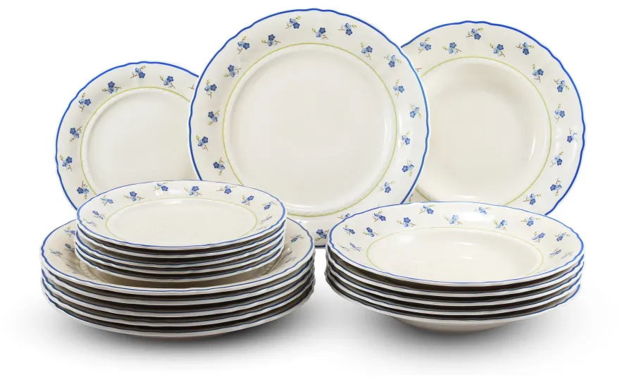 obrazek 1 Ekskluzywny 18-elementowy komplet talerzy z porcelany w kolorze kości słoniowej zdobiony motywem niezapominajek – Leander