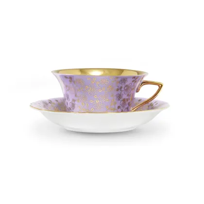 Zdjęcie Filiżanka do herbaty Windsor ze spodkiem z porcelany w kolorze fioletowym zdobiona złotymi kwiatami – Leander