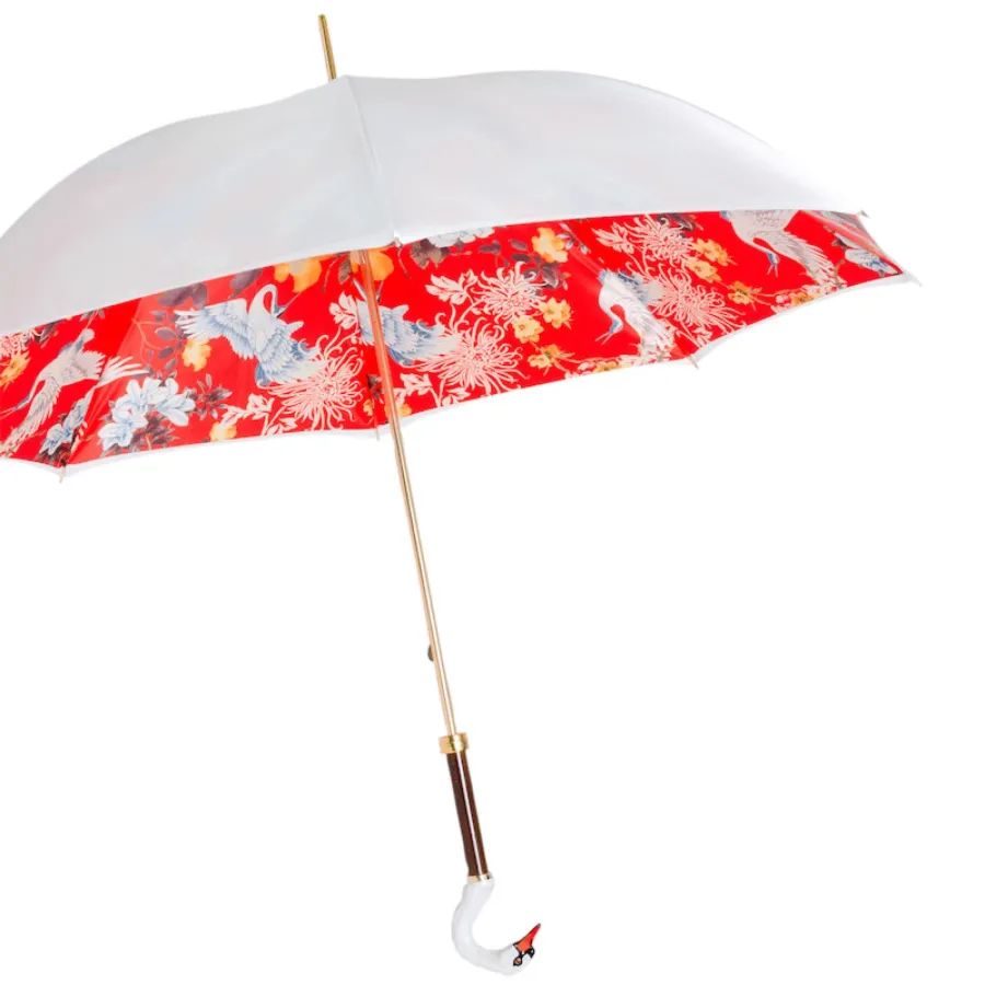obrazek 6 Piękny stylowy biało czerwony parasol damski zdobiony pięknym motywem z rączką zdobioną głową łabędzia – Pasotti
