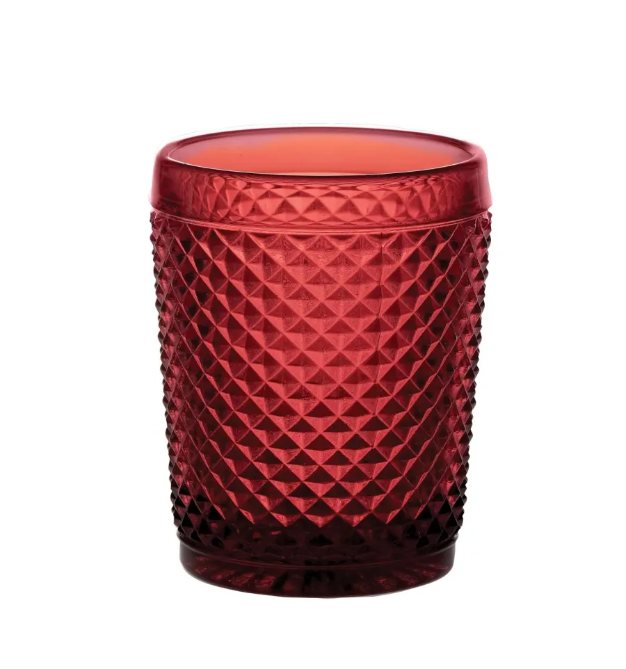 obrazek 1 Wyjątkowy zestaw czterech czerwonych szklanek do whisky old fashion Bicos Vermelho z geometrycznym reliefem - Vista Alegre