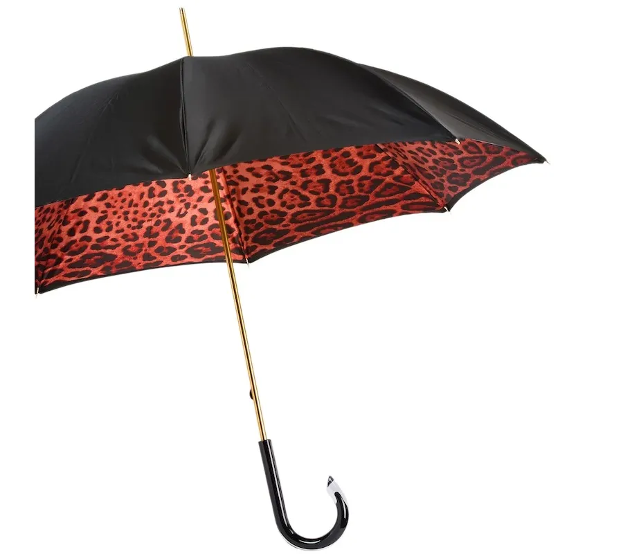 obrazek 7 Ekskluzywny czarny parasol damski zdobiony wzorem skóry leoparda na czerwonym tle – Pasotti
