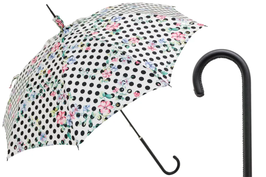 obrazek 1 Stylowy biały parasol damski w czarne kropki zdobiony subtelnym motywem kwiatowym – Pasotti