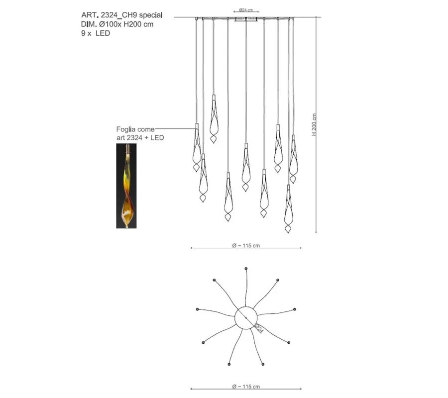 obrazek 1 Elegancka i wyrafinowana lampa wisząca ze szkła Murano ze szkłem w kształcie liścia – Il Paralume Marina