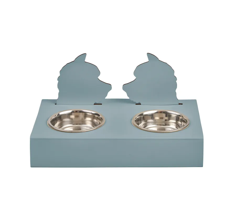 obrazek 1 Jasnobłękitny skórzany stojak na miski dla psa 40x22xH7,5 cm