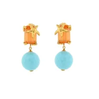 Picture Wonderful Italian I8K Gold Plated Silver Earrings White Cubic Zircons Orange Crystal Turquoise Paste
