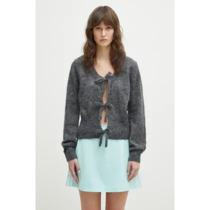 Zdjęcie GANNI kardigan wełniany Light Mohair Tie String Cardigan damski kolor szary lekki K2411