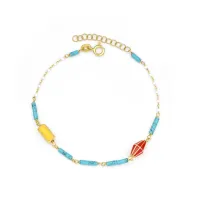 Zdjęcie Piękna włoska bransoletka srebrna pozłacana 18-karatowym złotem Wykonana z emaliowanego łańcuszka, turkusowego aulitu i czerwono-żółtej emalii