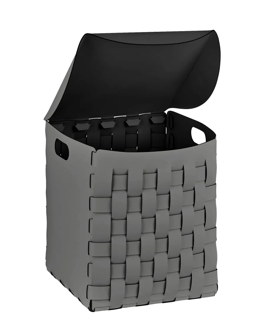 obrazek 1 Unikalny szary kosz z pokrywą 35x35xH40 cm wykonany z naturalnej skóry z recyklingu