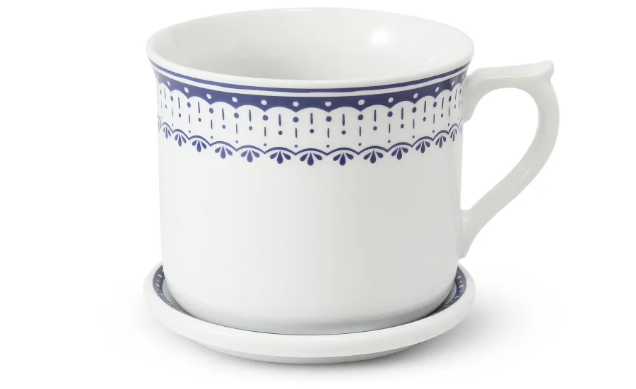 obrazek 2 Luksusowy kubek z pokrywką z porcelany zdobiony delikatnym niebieskim ornamentem - Leander