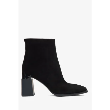 Zdjęcie Estro: Czarne botki damskie na wysokim obcasie z weluru naturalnego z ociepleniem