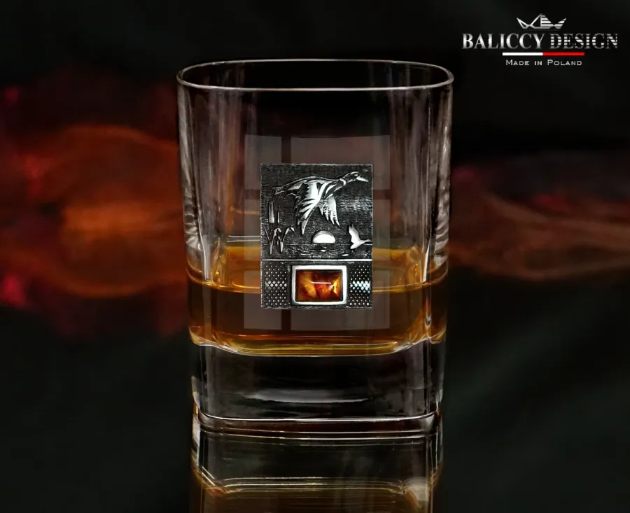 obrazek 2 Luksusowa szklanka do whisky z bursztynem - dla myśliwego 