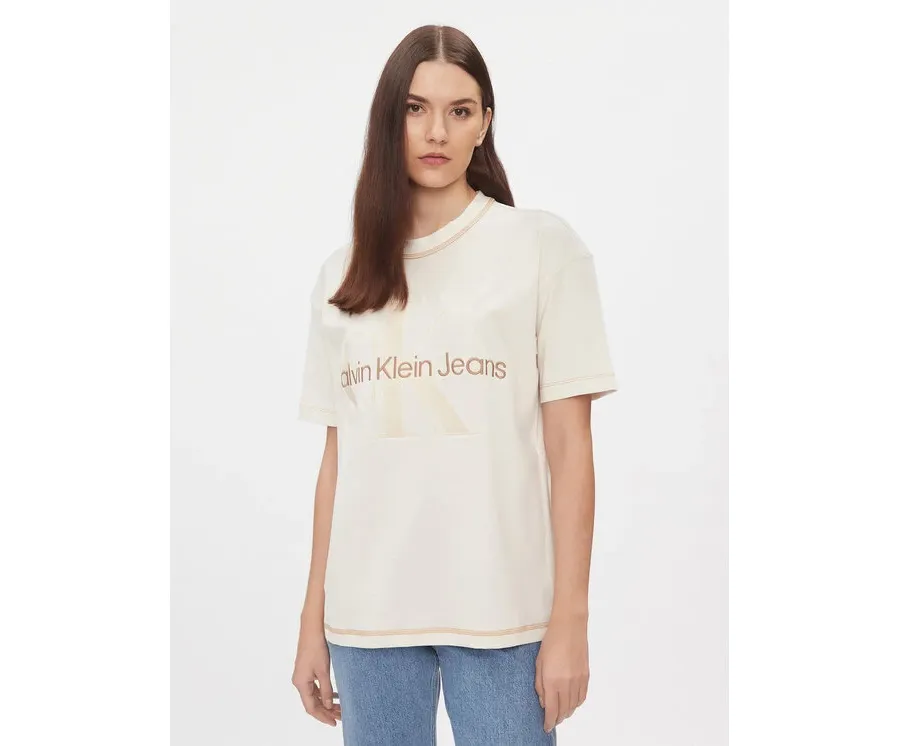 obrazek 1 Calvin Klein Jeans T-Shirt Hero Monologo J20J222974 Écru Boyfriend Fit