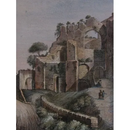 Zdjęcie Piękny grawerunek wykonany przez L. de Vegni, przedstawiający pozostałości willi Dionicjana lub Łaźnie Pompejusza na Komarce rzymskiej