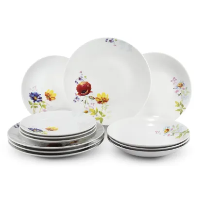 Zdjęcie 12-elementowy elegancki zestaw talerzy wykonany z porcelany zdobiony kwiatowymi ornamentami – Leander