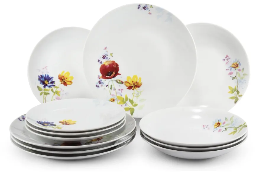 obrazek 1 12-elementowy elegancki zestaw talerzy wykonany z porcelany zdobiony kwiatowymi ornamentami – Leander