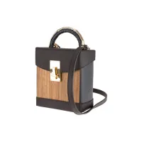 Picture Women's shoulder bag made of smooth dark blue leather and natural Amazaque wood
