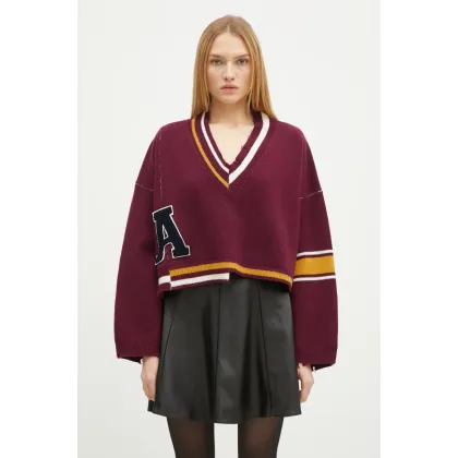 Zdjęcie AMBUSH sweter wełniany Damaged Rib V Neck Sweater damski kolor bordowy ciepły BWHD002F24KNI0012846