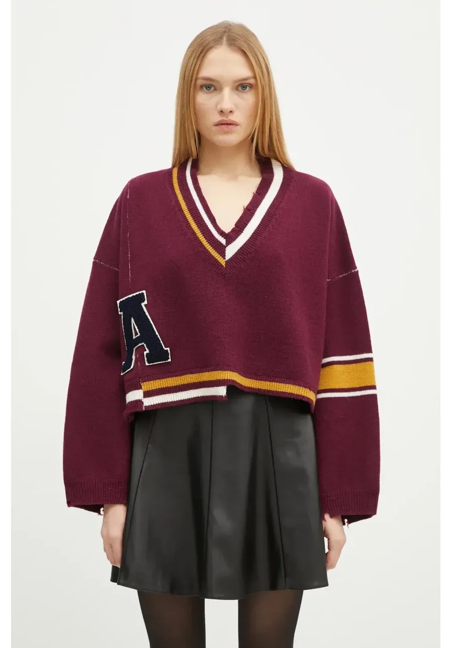 obrazek 1 AMBUSH sweter wełniany Damaged Rib V Neck Sweater damski kolor bordowy ciepły BWHD002F24KNI0012846