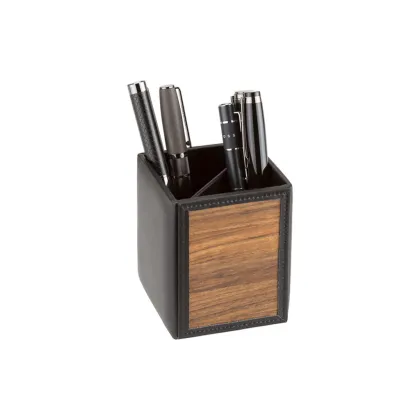 Picture Elegant pen holder made of black cowhide and natural Amazaque wood