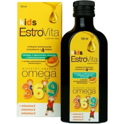 Zdjęcie EstroVita Kids, Bioestry kwasów Omega 3-6-9, Płyn o smaku pomarańczowo-bananowym 150 ml Estrovita