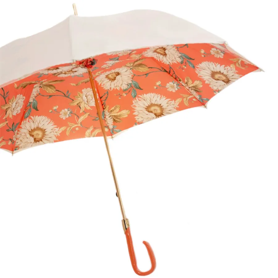 obrazek 7 Stylowy parasol damski w kolorze kości słoniowej i pomarańczowym zdobiony pięknym motywem kwiatów - Pasotti
