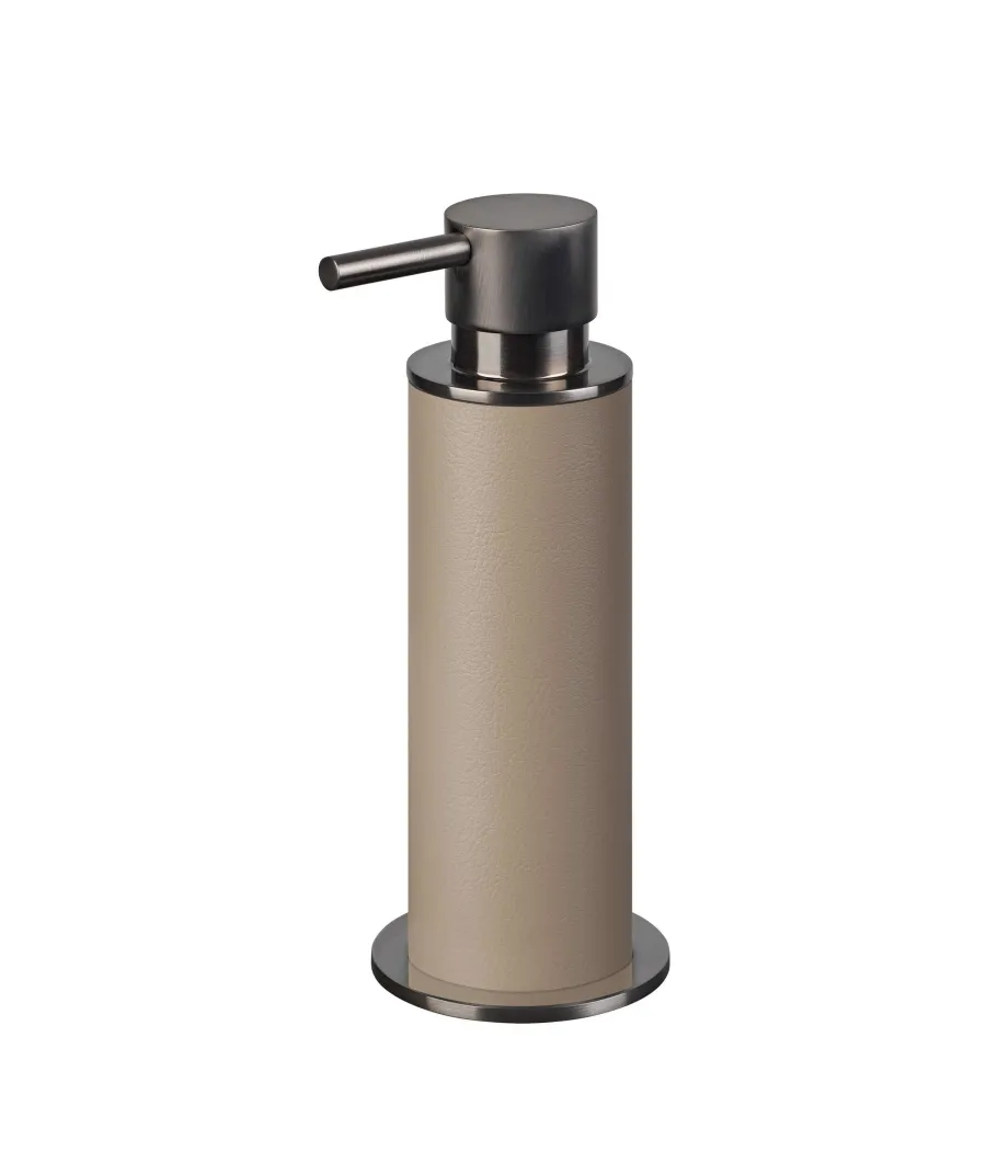 obrazek 1 Dozownik Ø7xH19 cm z grafitowym matowym wykończeniem i skórzanym korpusem w kolorze cappuccino