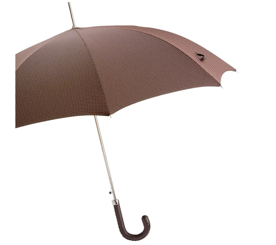 obrazek 9 Klasyczny brązowy parasol męski ze skórzaną brązową rączką – Pasotti