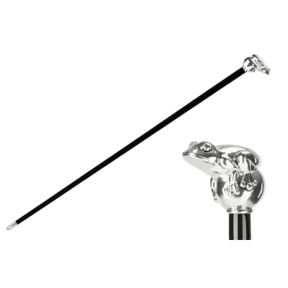 Zdjęcie Elegancka czarna laska z rączką w kształcie srebrnej żaby – Pasotti