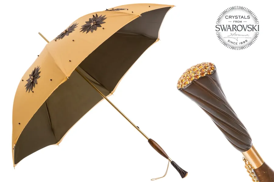 obrazek 1 Oryginalny parasol damski w kolorach brązu zdobiony słonecznikami z rączką zdobioną kryształkami Swarovskiego – Pasotti