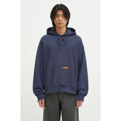 Zdjęcie Carhartt WIP bluza bawełniana Hooded Label Script Sweat męska kolor niebieski z kapturem gładka I034430.01XX