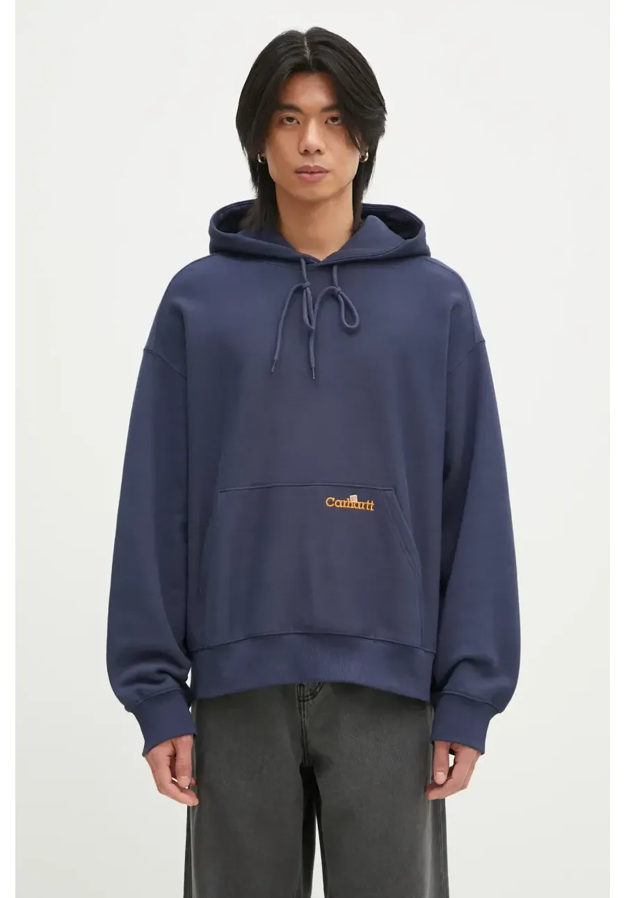 obrazek 1 Carhartt WIP bluza bawełniana Hooded Label Script Sweat męska kolor niebieski z kapturem gładka I034430.01XX
