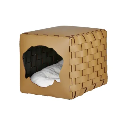 Zdjęcie Skórzany pleciony domek dla psa 35x40x35 cm w kolorze musztardowym