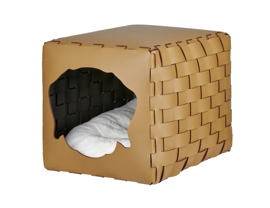 obrazek 1 Skórzany pleciony domek dla psa 35x40x35 cm w kolorze musztardowym