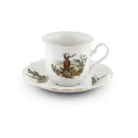 Zdjęcie Stylowa filiżanka do herbaty ze spodkiem z porcelany zdobiona losowym motywem myśliwskim – Leander