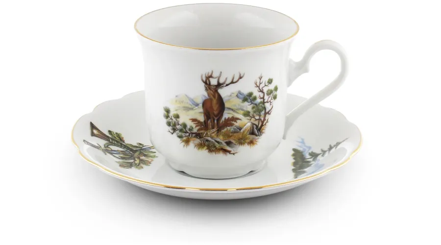 obrazek 1 Stylowa filiżanka do herbaty ze spodkiem z porcelany zdobiona losowym motywem myśliwskim – Leander