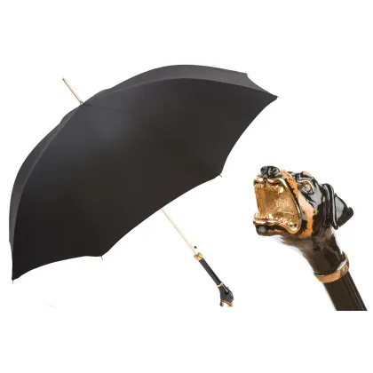 Picture A unique black men's umbrella with a handle in the shape of a Rottweiler's head - Pasotti