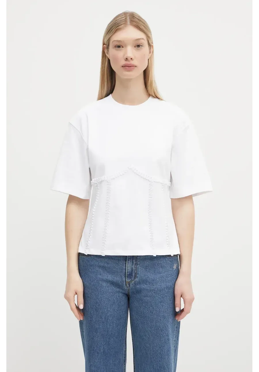 obrazek 1 GANNI t-shirt bawełniany Heavy Cotton Tie Back Waisted damski kolor biały T4149