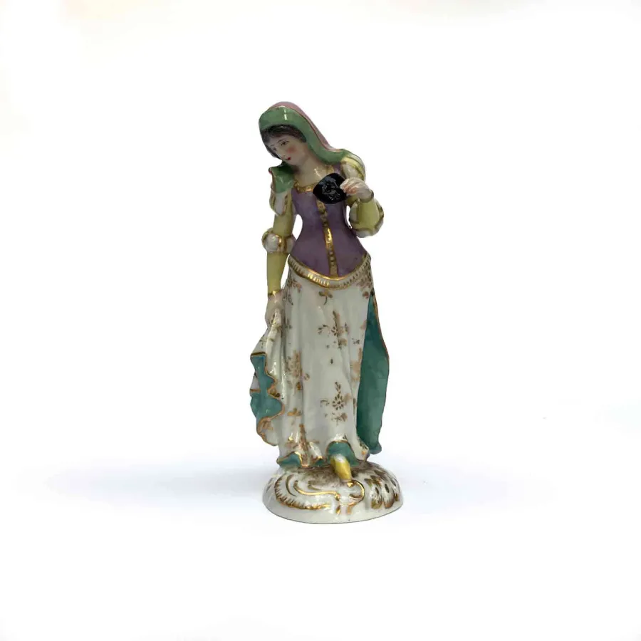 obrazek 7 Figurka ze starej porcelany paryskiej przedstawiająca kobietę stojącą na okrągłej podstawie