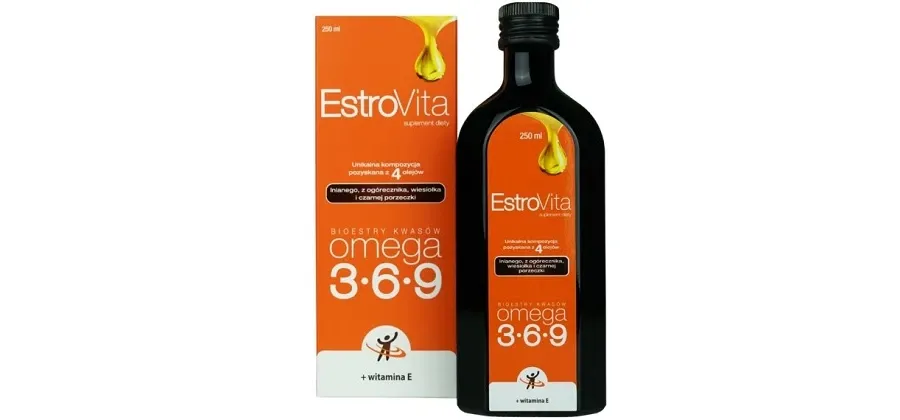 obrazek 1 EstroVita Classic, Kwasy omega-3-6-9 z czterech olejów roślinnych, Płyn 250 ml Estrovita