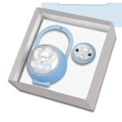 Picture A unique children's set - a blue clip and a pacifier holder decorated with an elephant