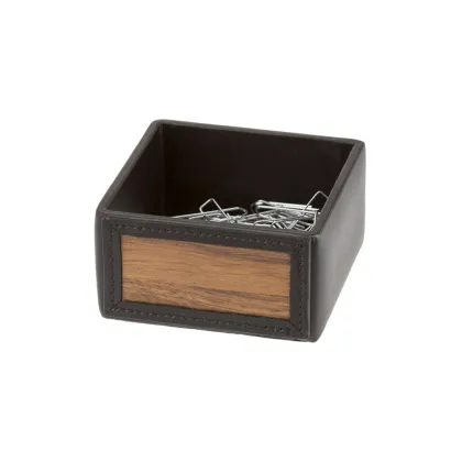 Picture A stylish paper clip container made of black cowhide and natural Amazaque wood