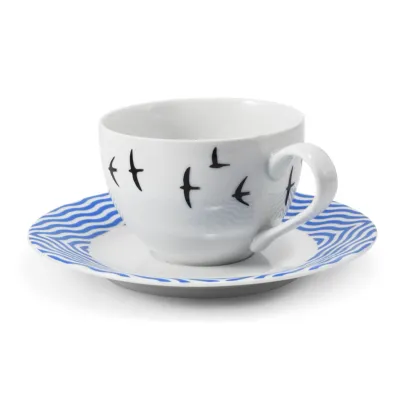 Zdjęcie Piękna porcelanowa filiżanka do herbaty ze spodkiem zdobiona subtelnym geometrycznym motywem - Leander