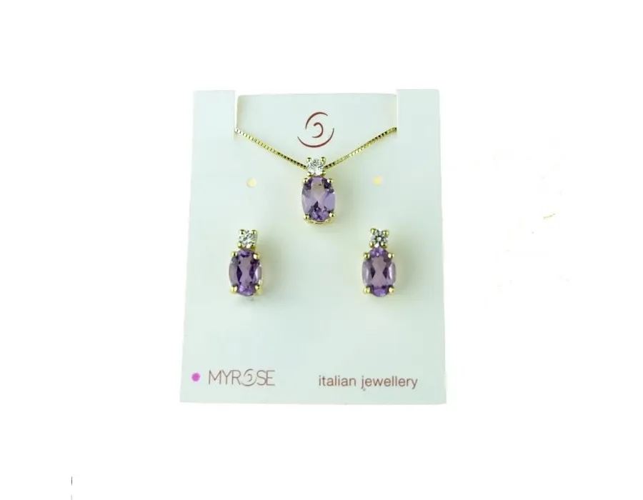 obrazek 1 Zestaw wysadzany owalnymi fioletowymi kamieniami o wymiarach 7x5mm i cyrkonią o średnicy 3mm. Łańcuszek wenecki o długości 42 cm z zapięciem na sprężynę