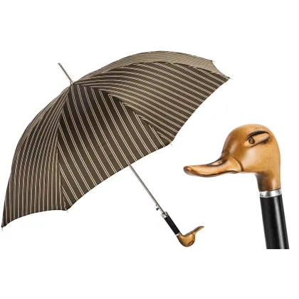 Picture A unique brown striped men's umbrella with a handle in the shape of a duck's head - Pasotti
